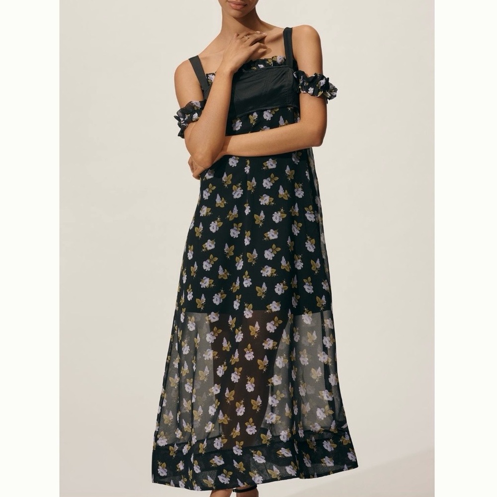 🟠NWT MAEVE by ANTHROPOLOGIE Square-Neck Sheer Floral Midi Dress Black Floral